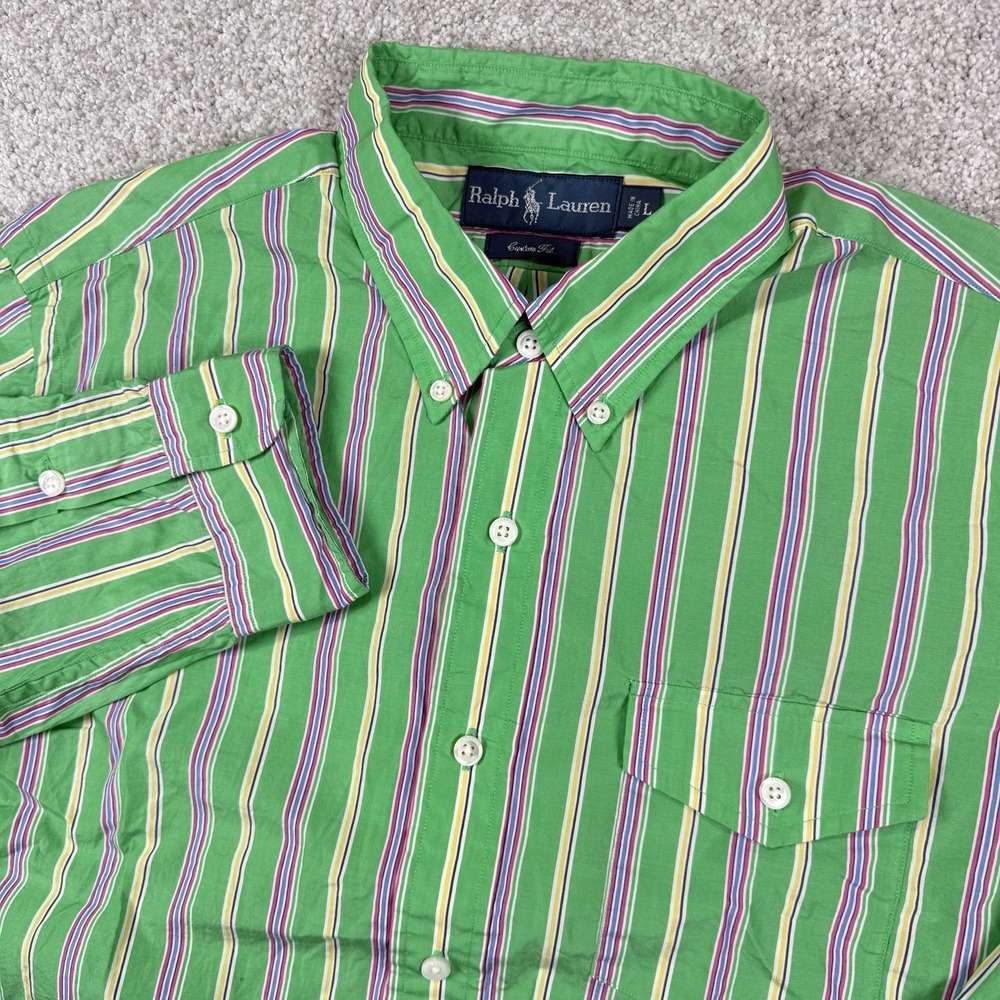 Polo Ralph Lauren Striped Shirt Chest Pocket Green Large